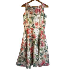 Julian Taylor Floral Square Grid Overlay Fit & Flare Dress Dressy Whimsical Sz 6